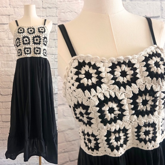 Dresses & Skirts - Crochet Maxi Dress Bohemian Boho Black Euro Fall Granny Squares 100% Cotton